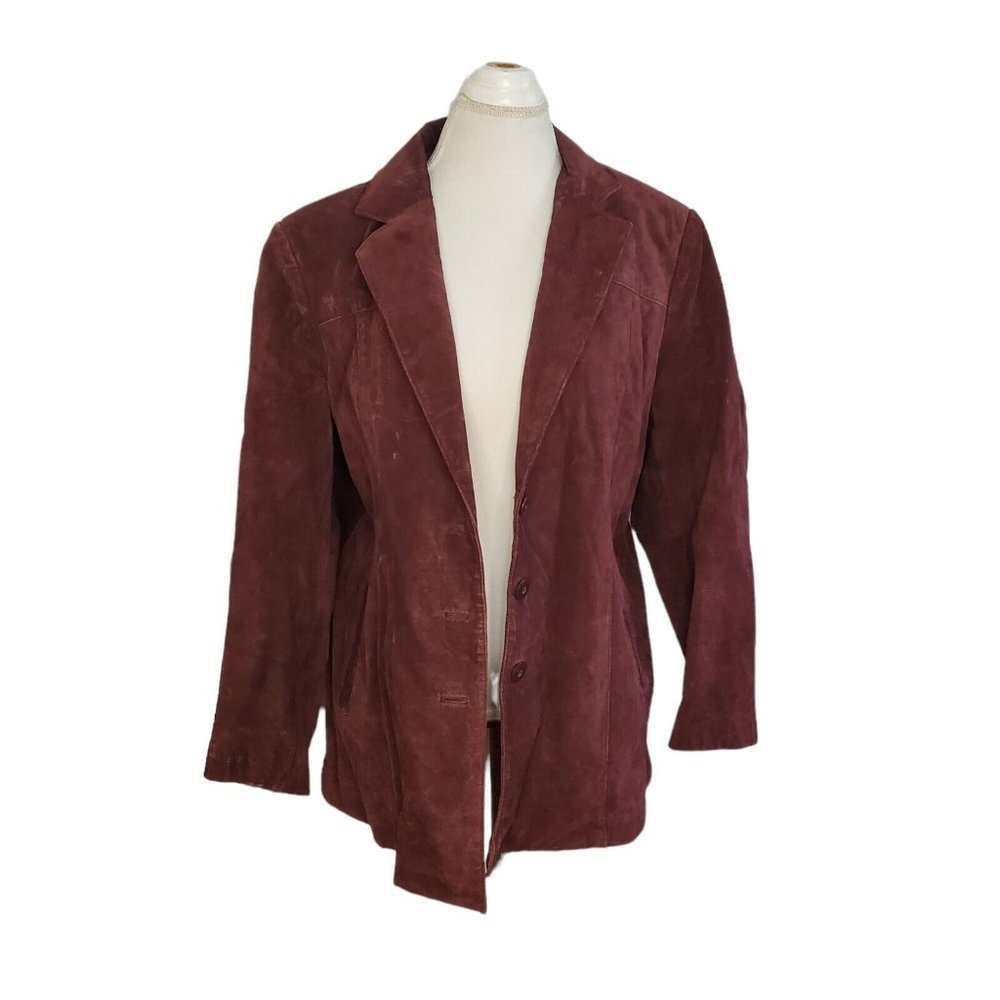 Y2K Burgandy Eggplant Purple Leather Suede Jacket Notch‎ Collar Sz XL Lined